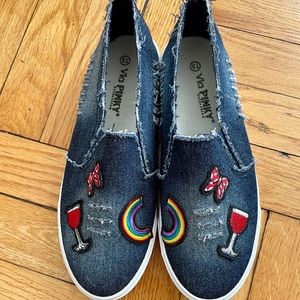 Denim and decal slip-on sneakers!